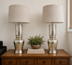 Pair Of Contemporary Mercury Glass Table Lamps With Linen Drum Shades