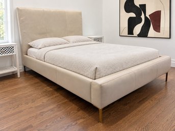Queen Taupe Leather Upholstered Platform Bed With Polished Stainless Legs