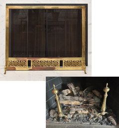 Ornate Gold Fireplace Screen With Pair Of Andirons