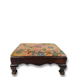 Antique Mahogany Foot Stool With Asian Floral Motif Upholstery On Claw Feet