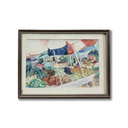 Watercolor On Paper Point A Pitre,guadeloupe Marketplace Artist Signed Daniele Tzeutschler