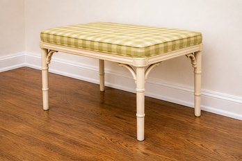 Faux Bamboo Painted Vintage Bench With Neutral Pastel Checkerboard Upholstery