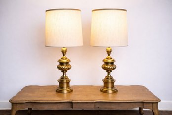 Stiffel Inspired Hollywood Regency Style Brass Table Lamps With Ticked Fabric Drum Shades