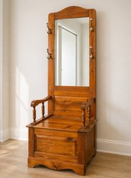 Amish Inspired Solid Oak Hall Tree With Mirror, Coat Hooks And Storage Bench