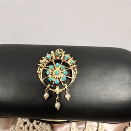 14 Kt., Yellow Gold, Natural Turquoise Pendant Or Brooch