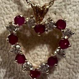 14KT Yellow Gold Ruby And White Sapphire Heart Pendant Necklace, Valentines Day!