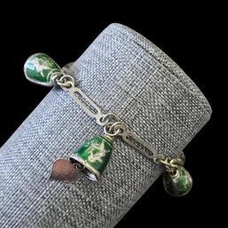 (M27) Vintage Siam Green Enamel Sterling Silver Jingle Bells Bracelet