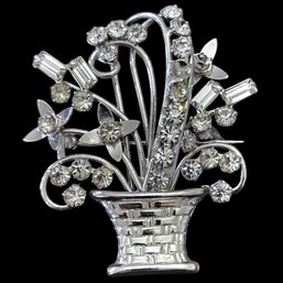 (M34) Vintage Sterling Silver Clear Stones Floral Basket Brooch/Pin