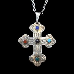 (M1) Long Sterling Silver Etched Multi Color Beaded Cross Chain Link Necklace