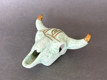 Hand Painted Pottery Skull With Gold Toned Detail