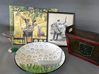 Golf Themed Items Including Art, Martini Glass & Large Platter