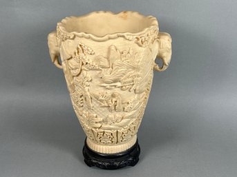 Stunning Vintage Heavy Weighted Cast Resin Asian Carved Vase