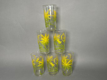 Vintage Hand Painted Green & Yellow Floral High Ball Glasses