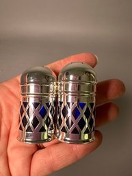 Vintage Ebeling & Reuss Cobalt Blue Glass With Silver Plate Salt & Pepper Shakers In Original Box