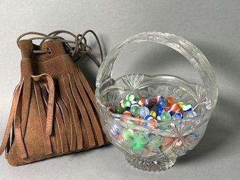 Large Collection Of Vintage Marbles With Glass Basket And Leather Fringe Bag