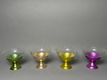 Four Vintage Colored Tin & Glass Ice Cream Dishes
