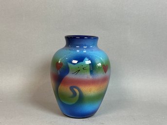 Signed Judith Stiles Multicolor Glazed Hearts & Cats Vase