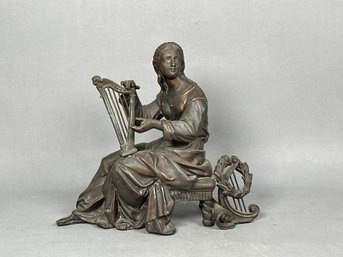 Vintage Bronze Victorian Female Harp Player Statue
