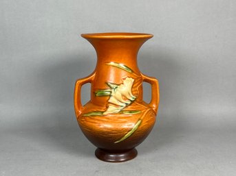 Vintage 1945 Roseville Pottery Terra Cotta & Brown Freesia Double Handled Vase