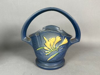 Vintage 1945 Roseville Pottery Blue Freesia Basket Shaped Planter