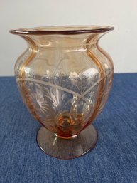 Pink Depression Glass Floral Etched Vase