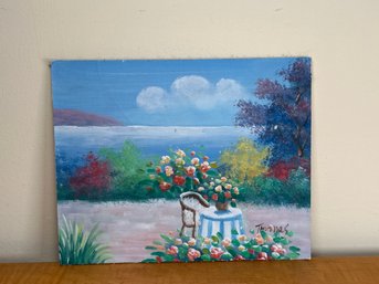 Beautiful Terrace Scene Signed Original Painting By Thomas