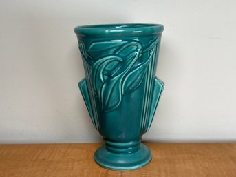 Vintage USA Pottery Teal Embossed Leaf Design Vase