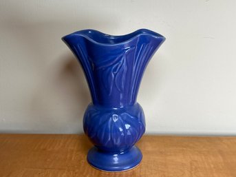 Vintage USA Pottery Embossed Leaf Design Blue Vase