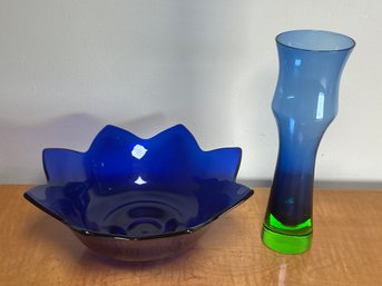 Vintage Bo Borgstrom Aseda Glasbruk Cobalt Blue & Green Glass Vase & Cobalt Blue Bowl