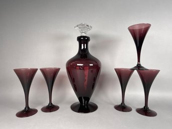 Beautiful Amethyst Glass Decanter With Cordial Glasses