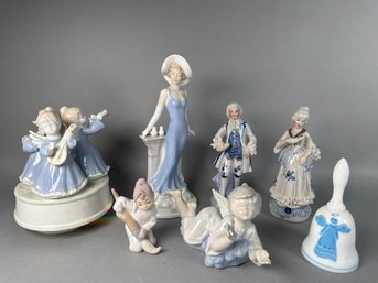 Vintage Blue & White Figurines, Music Box & Bell