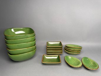 Beautiful Green Pottery Bowl & Ramekin Set
