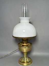 A Stunning Antique Brass Alladin Lamp With White Milk Glass Shade
