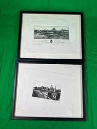 2 Framed & Signed Copperplate Engraving Prints. Old Moscow Russia & Saint Petersburg
