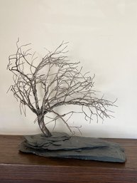 Vintage Modern Sculpture Artist Signed Randy Adams Windswept Tree Twisted Metal Wire On Slate 11x9.5x10.5in