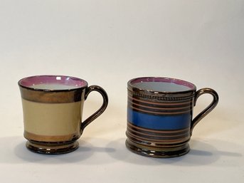 An Antique Pair Early 19th C. Staffordshire Georgian Childs Copper Lustre Ware Mugs.