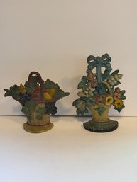 Nice Lot Of Two Antique Vintage Cast Iron Fruit  And Flower Basket Doorstops