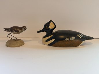 Nice Lot Of Two Wood Carved Decoys To  Include A Shorebird And Merganser