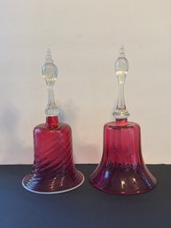 Gorgeous Pair Antique Victorian Hand Blown Cranberry Glass Christmas Bells