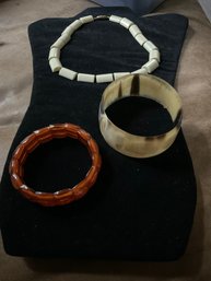 Vintage Animal Horn Bangle, Amber Bead Bracelet, Ivory Bead Necklace