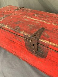 Antique Red Wooden Tool Chest 30in X 10in X 9in Iron Clasp And Handles