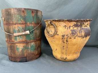 Wooden Bucket And Painted Metal Urn