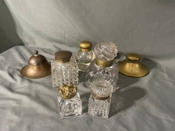 Fancy Glass, Bronze, Brass Inkwell Lot