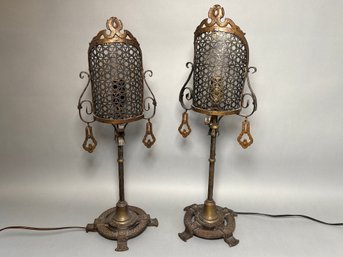 Antique Arts & Crafts Oscar Bach Style Bronzed & Reticulated Screen Lamps