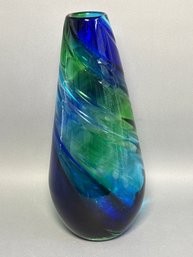 Large Stunning Green & Blue Art Glass Vase