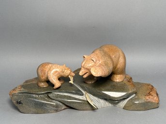 Stunning Eddie Lee Hand Carved 'Two Bears At Waterfall' Soapstone Sculpture With COA
