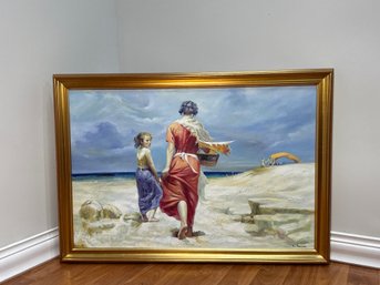 Beautiful E Harrisen Mother & Child At The Beach Signed Original Oil Painting