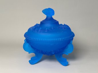 Vintage Westmoreland Argonaut Dolphin & Shell Deep Blue Satin Glass Covered Dish