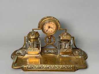 Rather Fancy Antique Victorian Brass Inkwell Desk Set With Clock