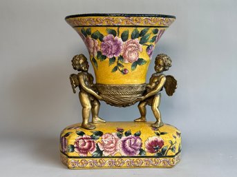 Antique Porcelain Jardiniere Centerpiece With Bronze Cherub Figures